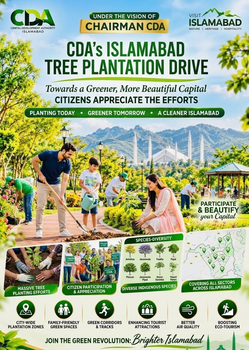 CDA Intensifies Tree Plantation Drive to Make Islamabad More Beautiful, Green, Environment Friendly and Tourist Friendly Capital